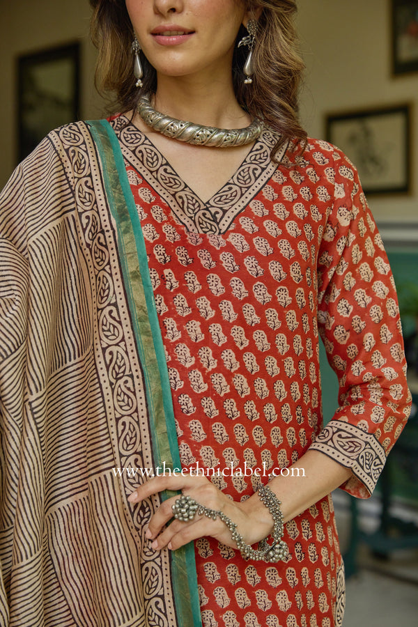 "Raunak" Red Hand Block Printed Bagru Chanderi Suit Set(3pc)