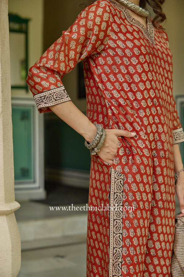 "Raunak" Red Hand Block Printed Bagru Chanderi Suit Set(3pc)