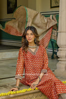 "Raunak" Red Hand Block Printed Bagru Chanderi Suit Set(3pc)