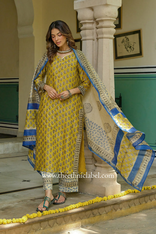 "Utsav" Yellow Hand work Chanderi Suit Set(3pc)