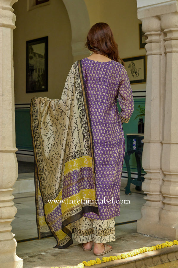 "Nazakat" Purple Hand work Chanderi Suit Set(3pc)