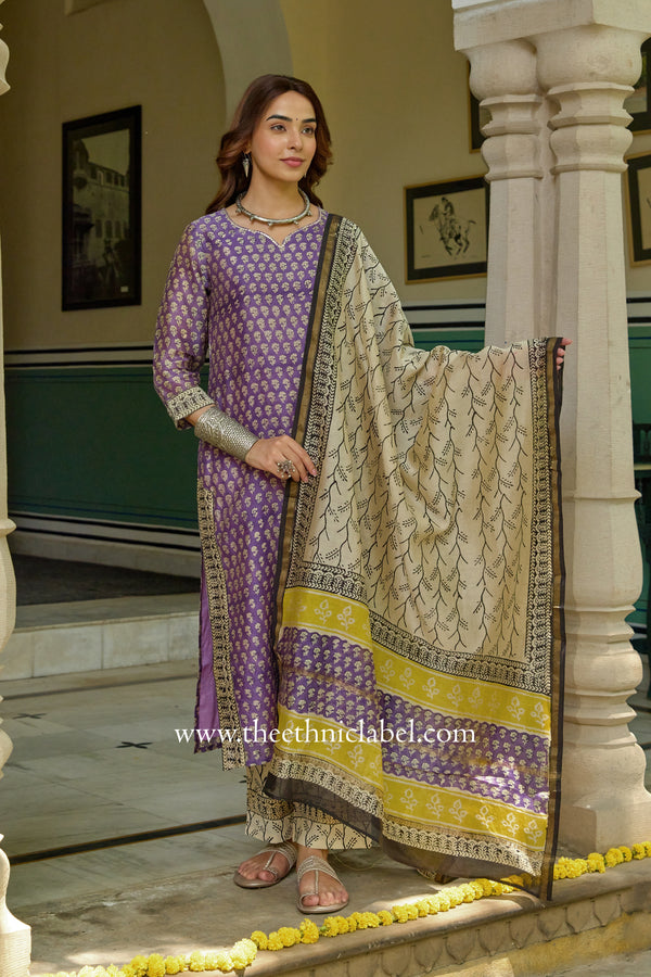 "Nazakat" Purple Hand work Chanderi Suit Set(3pc)