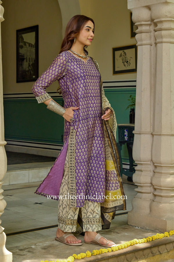 "Nazakat" Purple Hand work Chanderi Suit Set(3pc)