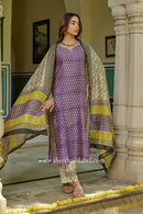 "Nazakat" Purple Hand work Chanderi Suit Set(3pc)