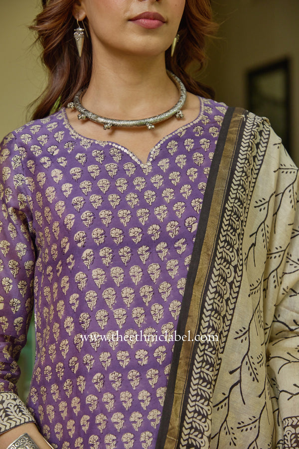 "Nazakat" Purple Hand work Chanderi Suit Set(3pc)