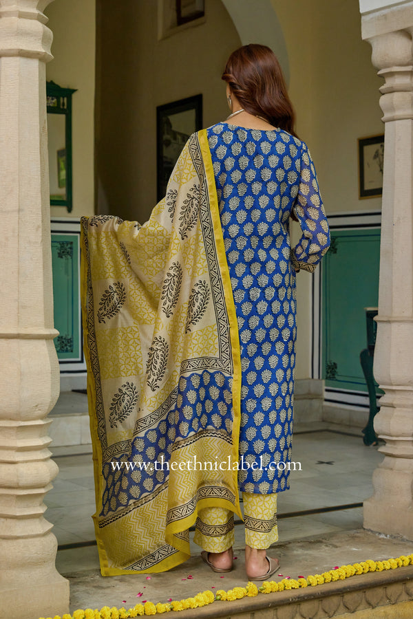"Indrani"Blue Hand work Chanderi Suit Set(3pc)