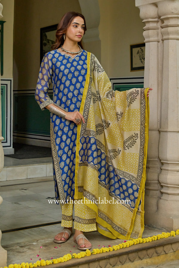 "Indrani"Blue Hand work Chanderi Suit Set(3pc)