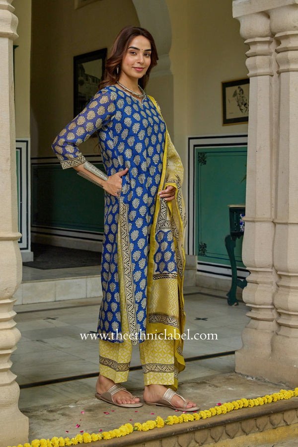 "Indrani"Blue Hand work Chanderi Suit Set(3pc)