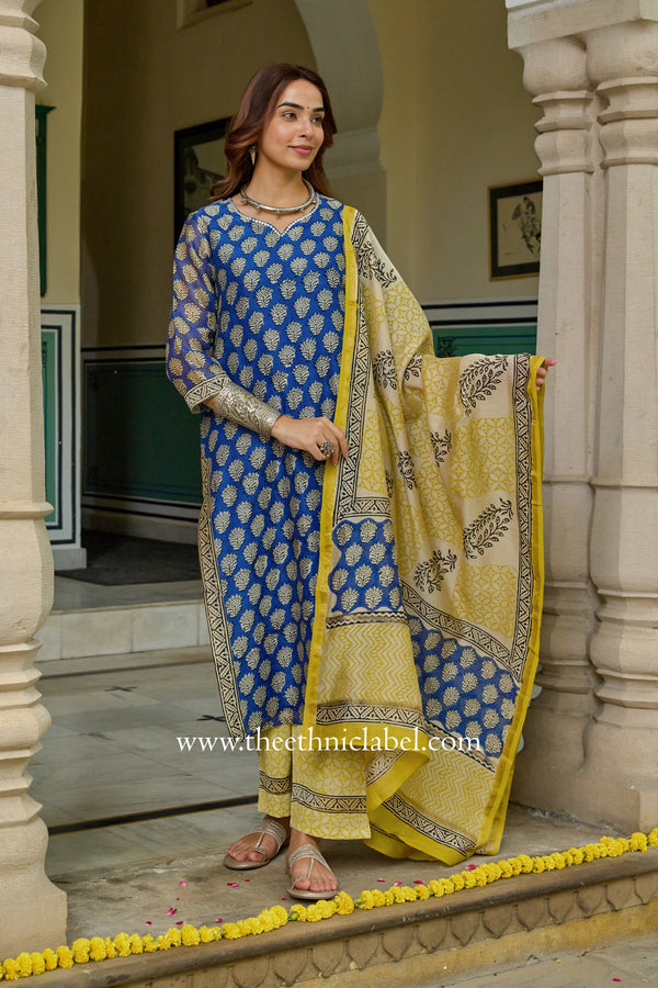 "Indrani"Blue Hand work Chanderi Suit Set(3pc)