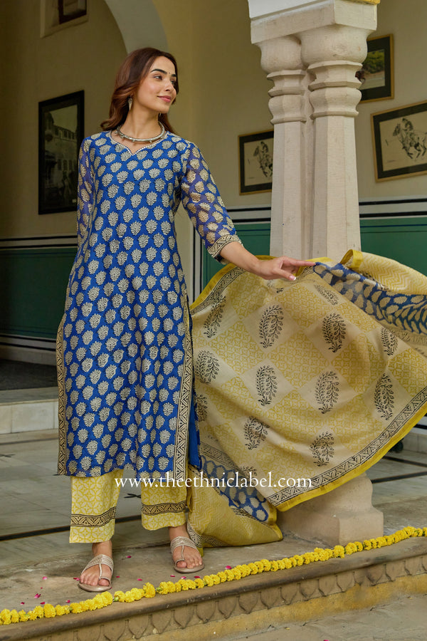 "Indrani"Blue Hand work Chanderi Suit Set(3pc)