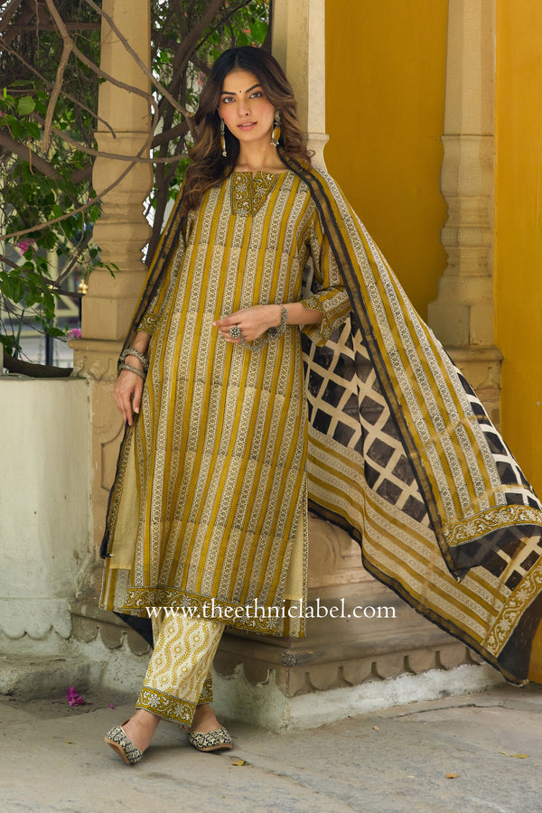 "Mehr" Hand Block Printed Chanderi Suit Set(3pc)