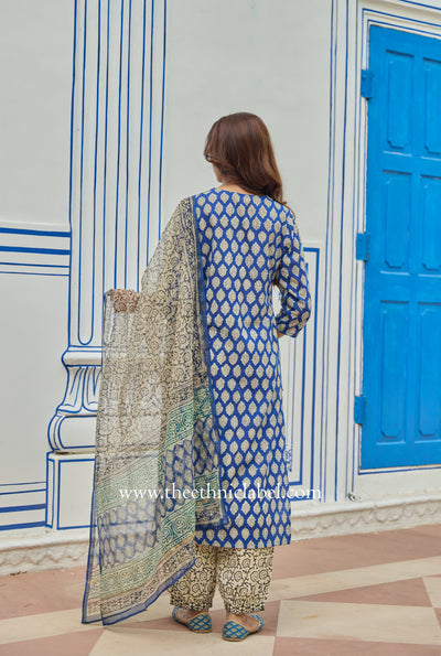"Madhuban" Bagru Cotton Kurta Set with Kota Doria Dupatta (3pc)