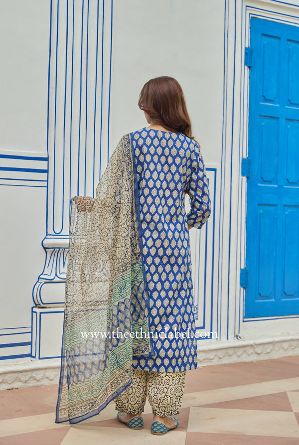 "Madhuban" Bagru Cotton Kurta Set with Kota Doria Dupatta (3pc)