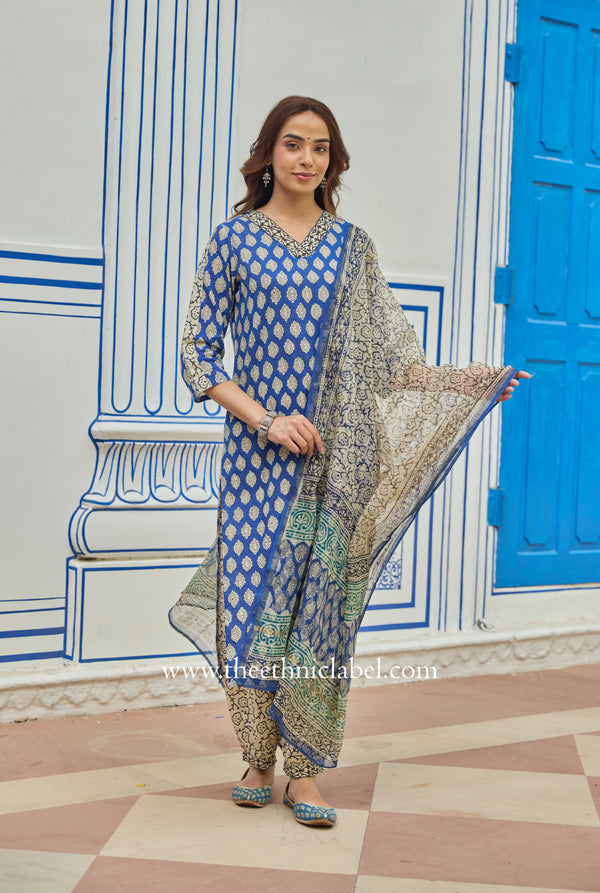 "Madhuban" Bagru Cotton Kurta Set with Kota Doria Dupatta (3pc)