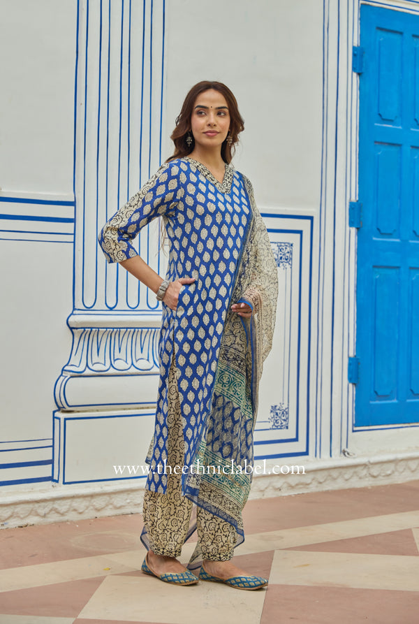 "Madhuban" Bagru Cotton Kurta Set with Kota Doria Dupatta (3pc)
