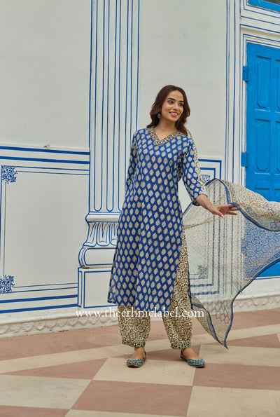 "Madhuban" Bagru Cotton Kurta Set with Kota Doria Dupatta (3pc)