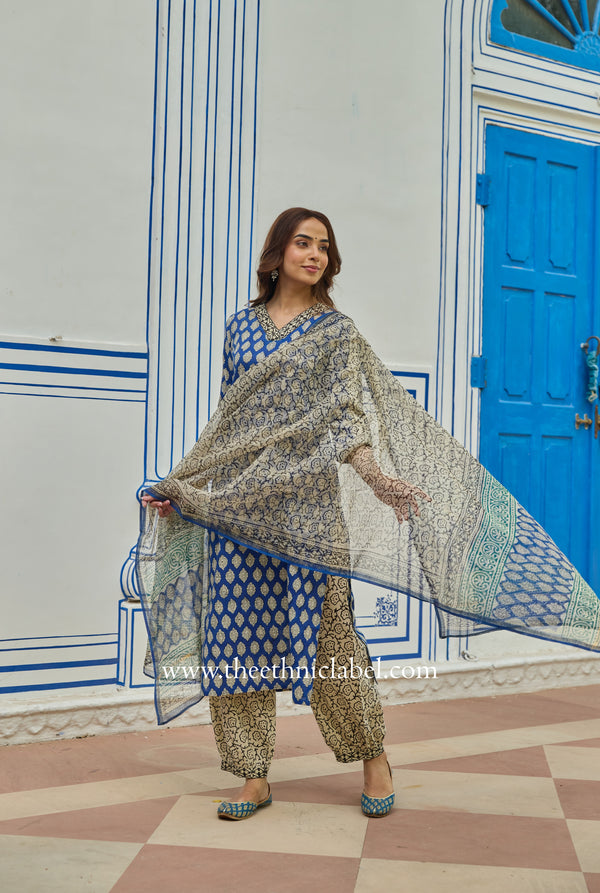 "Madhuban" Bagru Cotton Kurta Set with Kota Doria Dupatta (3pc)