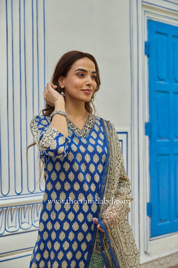 "Madhuban" Bagru Cotton Kurta Set with Kota Doria Dupatta (3pc)