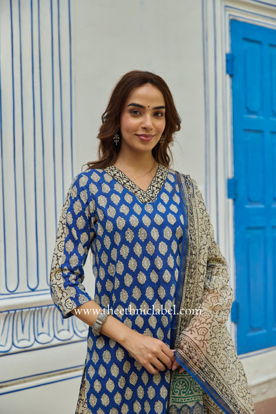 "Madhuban" Bagru Cotton Kurta Set with Kota Doria Dupatta (3pc)