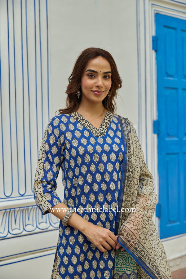 "Madhuban" Bagru Cotton Kurta Set with Kota Doria Dupatta (3pc)