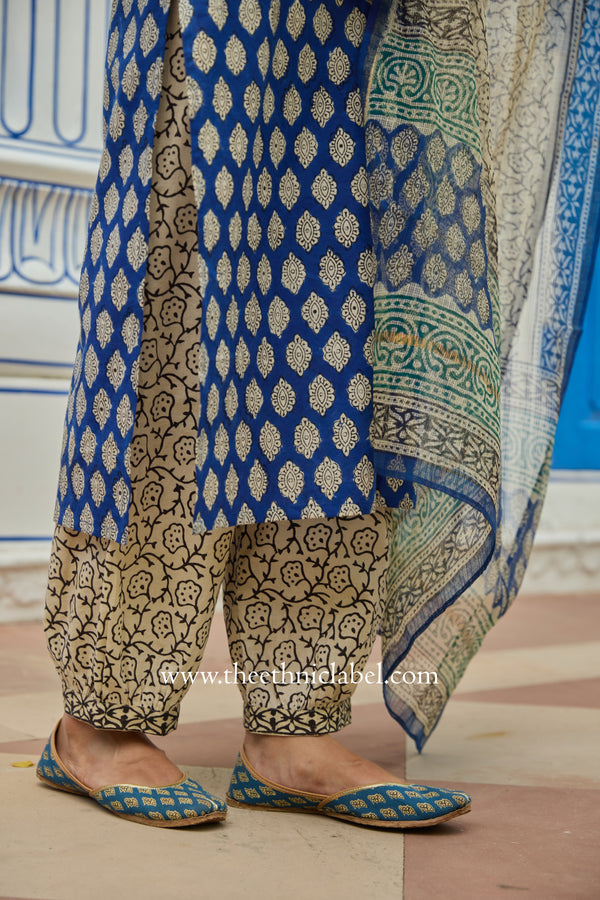"Madhuban" Bagru Cotton Kurta Set with Kota Doria Dupatta (3pc)