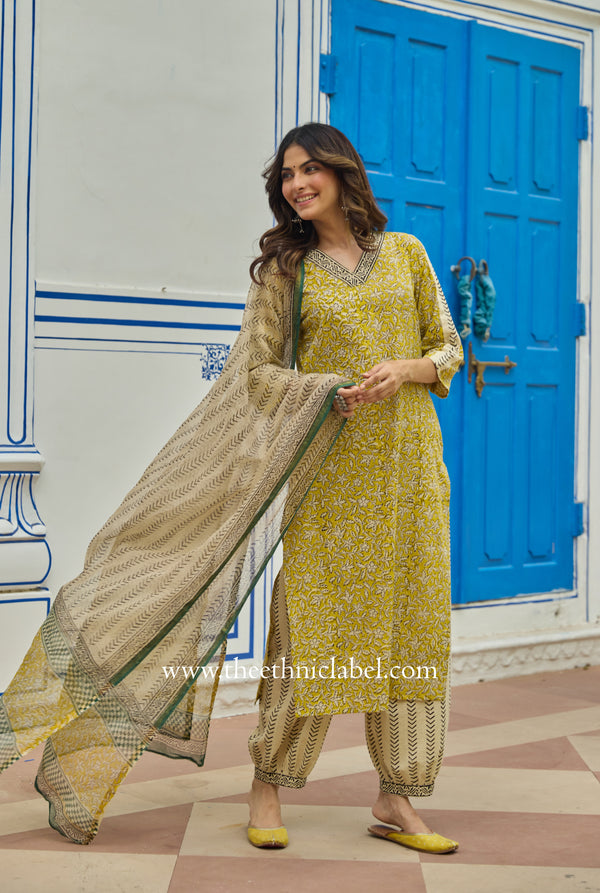 "Saaz" Bagru Cotton Kurta Set with Kota Doria Dupatta (3pc)