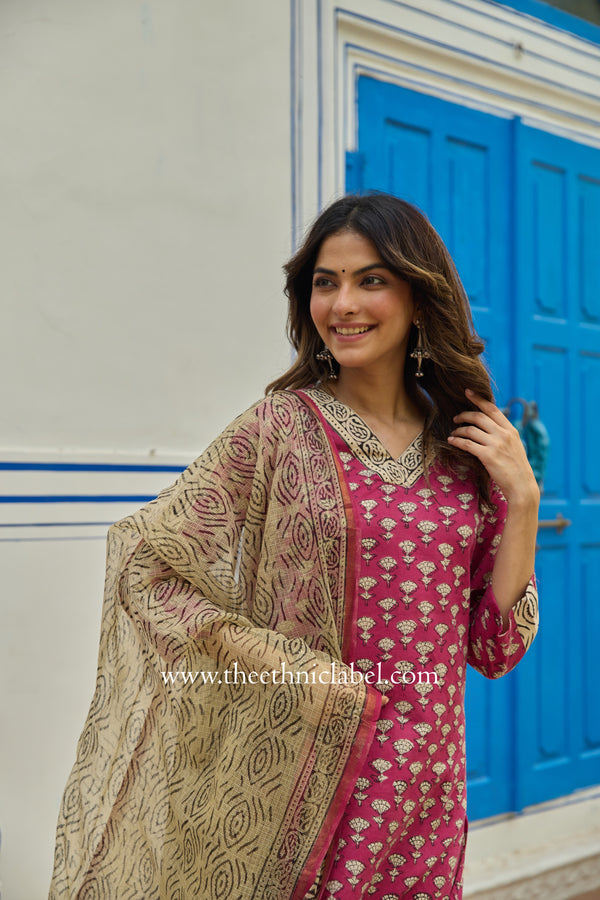 "Gulbaan" Bagru Cotton Kurta Set with Kota Doria Dupatta (3pc)