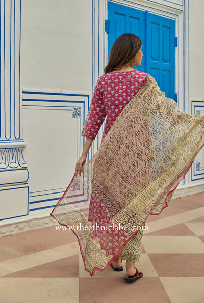 "Gulbaan" Bagru Cotton Kurta Set with Kota Doria Dupatta (3pc)