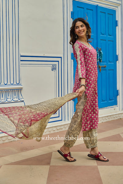 "Gulbaan" Bagru Cotton Kurta Set with Kota Doria Dupatta (3pc)