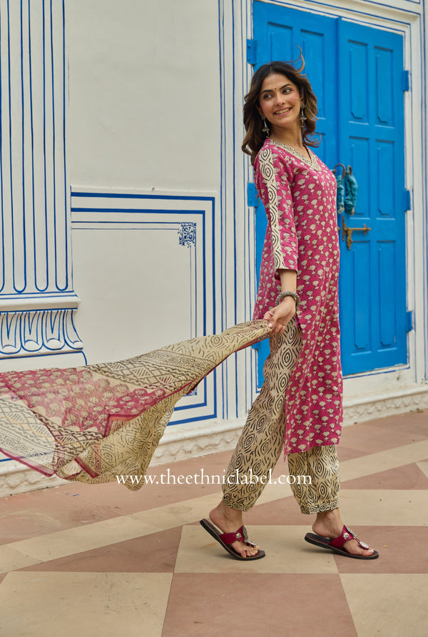 "Gulbaan" Bagru Cotton Kurta Set with Kota Doria Dupatta (3pc)