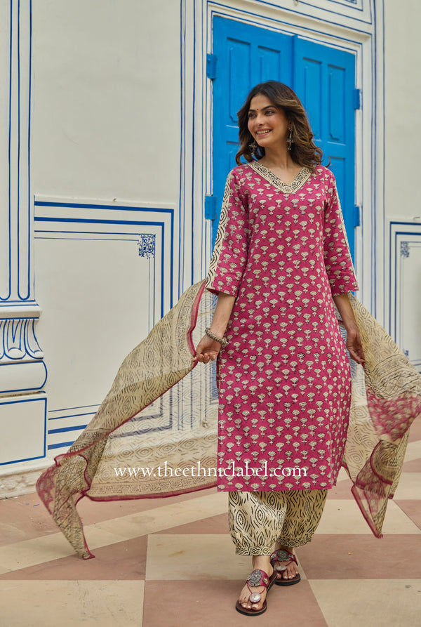 "Gulbaan" Bagru Cotton Kurta Set with Kota Doria Dupatta (3pc)