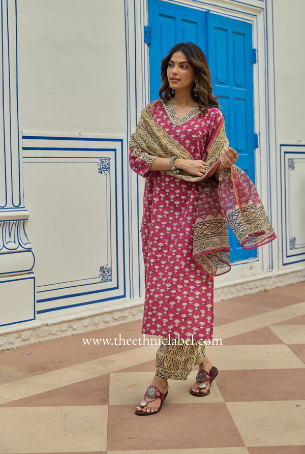 "Gulbaan" Bagru Cotton Kurta Set with Kota Doria Dupatta (3pc)