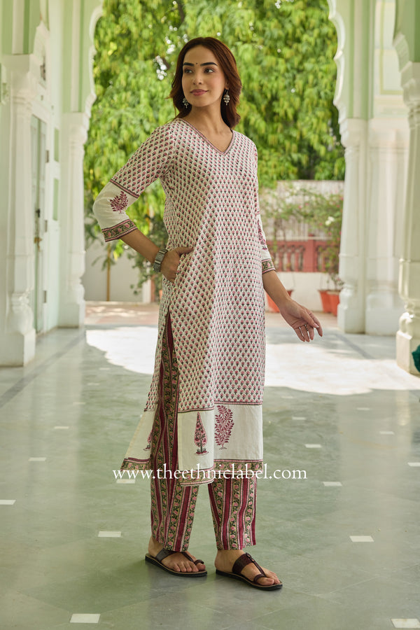Miraya Hand Block Printed White Cotton Kurta