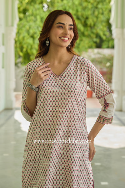 Miraya Hand Block Printed White Cotton Kurta