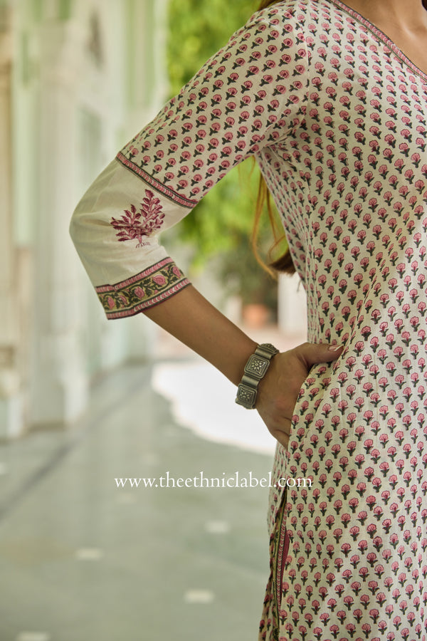 Miraya Hand Block Printed White Cotton Kurta