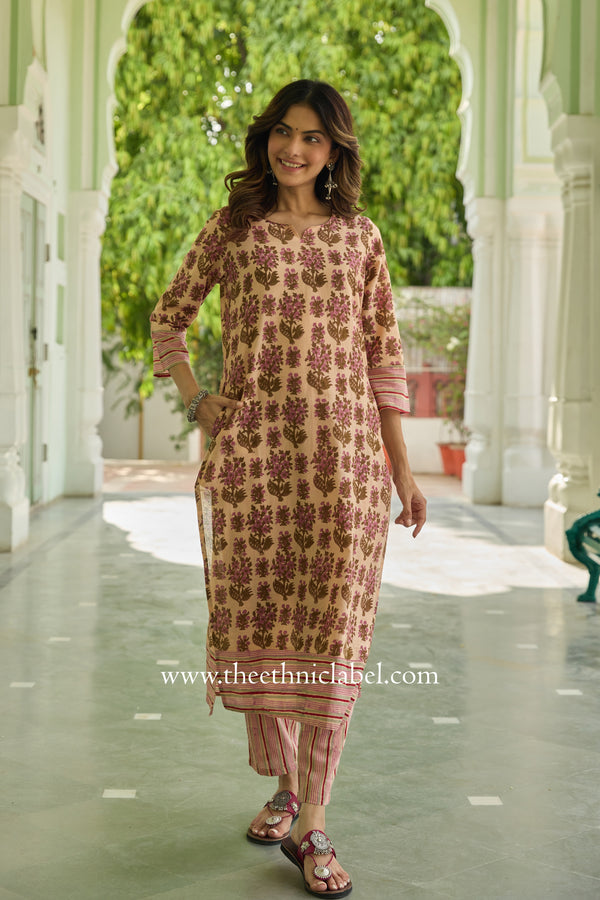 Nusrat Hand Block Printed Peach Cotton kurta