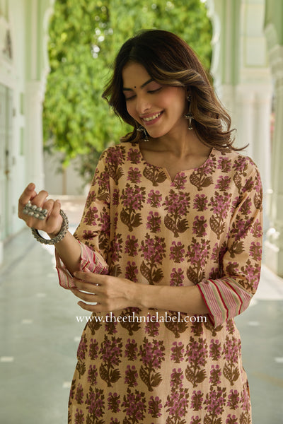 Nusrat Hand Block Printed Peach Cotton kurta