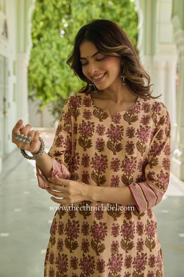 Nusrat Hand Block Printed Peach Cotton kurta