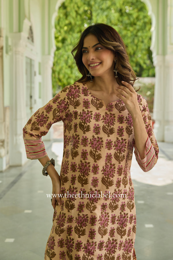 Nusrat Hand Block Printed Peach Cotton kurta