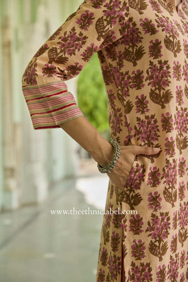 Nusrat Hand Block Printed Peach Cotton kurta