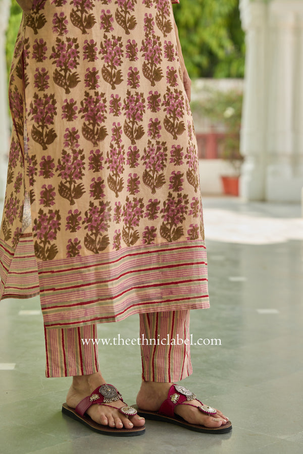 Nusrat Hand Block Printed Peach Cotton kurta