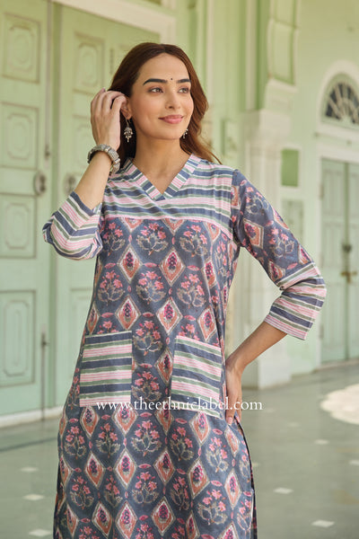 "Badal" Hand Block Printed Grey Cotton kurta