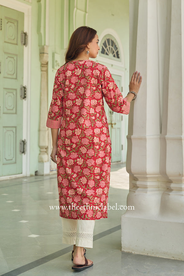 Charu Hand Block Printed Red Cotton Kurta