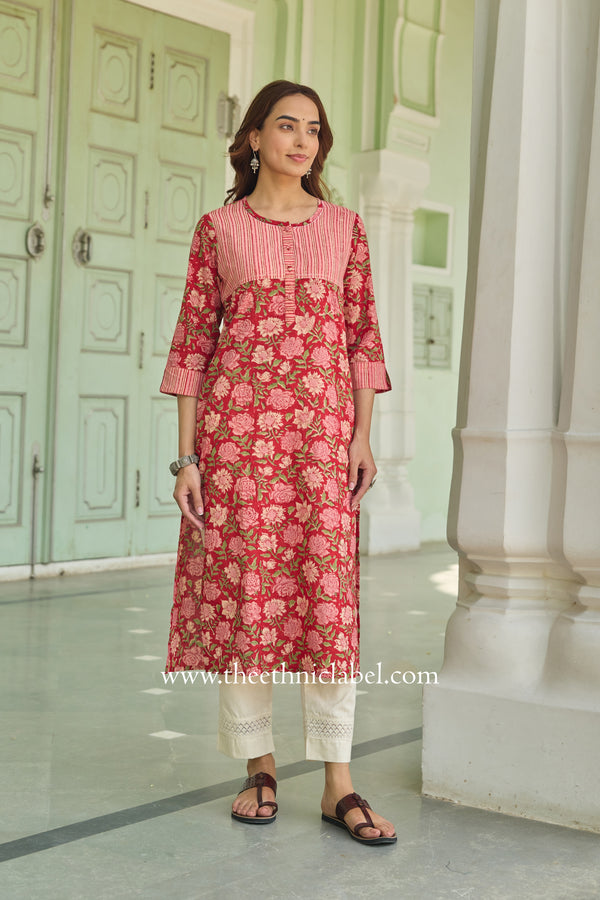 Charu Hand Block Printed Red Cotton Kurta