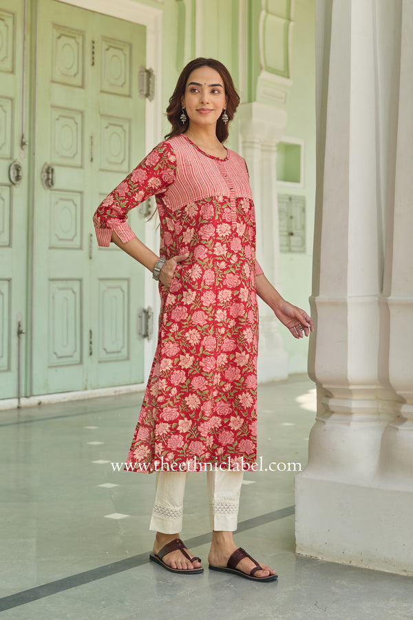 Charu Hand Block Printed Red Cotton Kurta