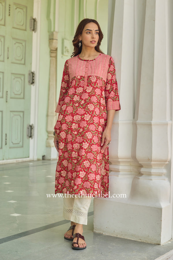 Charu Hand Block Printed Red Cotton Kurta
