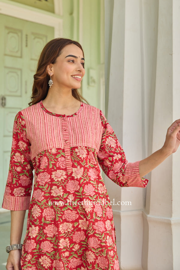 Charu Hand Block Printed Red Cotton Kurta