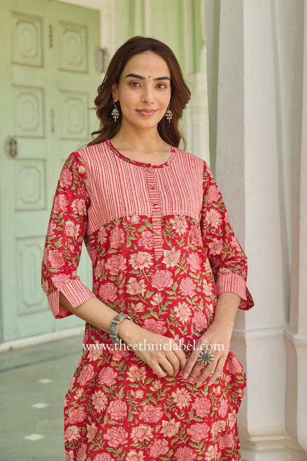 Charu Hand Block Printed Red Cotton Kurta