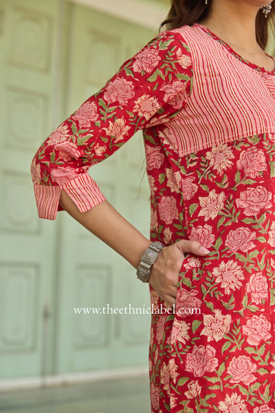 Charu Hand Block Printed Red Cotton Kurta