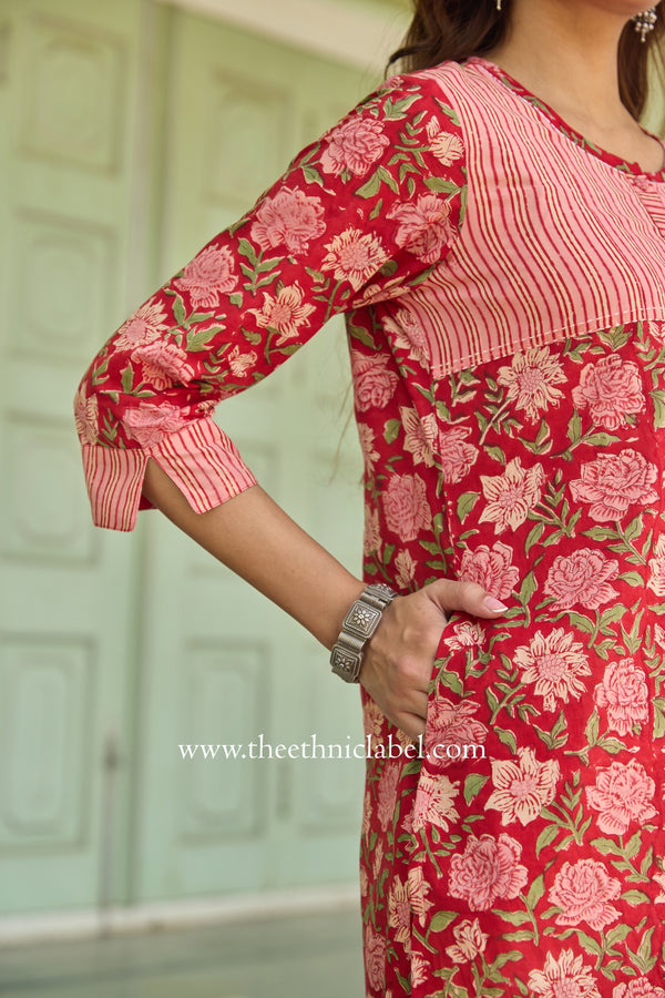 Charu Hand Block Printed Red Cotton Kurta